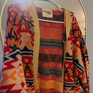 Savanna Jane Red Orange Navy Multicolor Aztec Open Cardigan